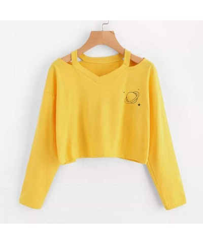 Women's Casual Floral Rose Print Long Sleeve Crop Tops Teen Girls Tops Sweatshirt Blouse Shirts - Yellow-1 - CJ18W44DQ60 $11....