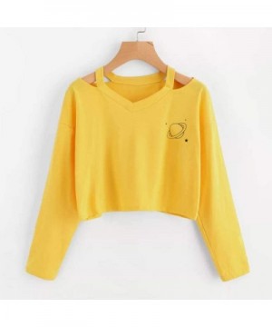Women's Casual Floral Rose Print Long Sleeve Crop Tops Teen Girls Tops Sweatshirt Blouse Shirts - Yellow-1 - CJ18W44DQ60 $11....