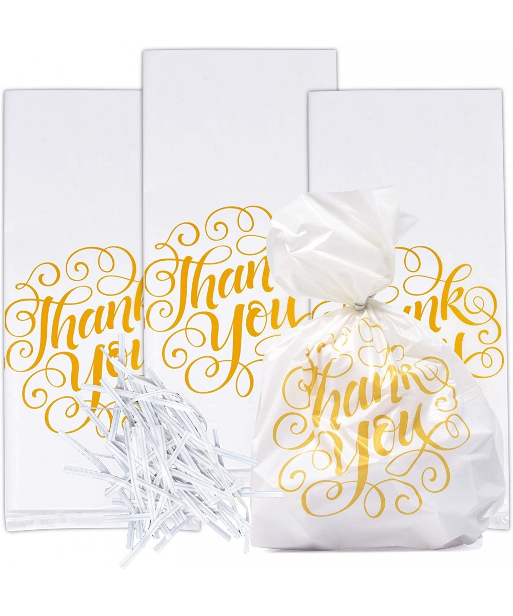 100 Thank You Cellophane Bags Wedding Plastic Treat Favor Bag White with Gold Anniversary Baby Shower & Birthday Party Suppli...