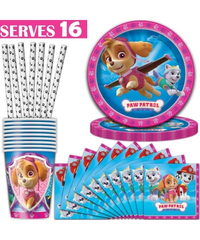 Paw Patrol Girls Party Supplies - Serves 16 - Plates (9")- Napkins- Cups- Paw Straws - Disposable Kids Birthday Dinnerware Bu...