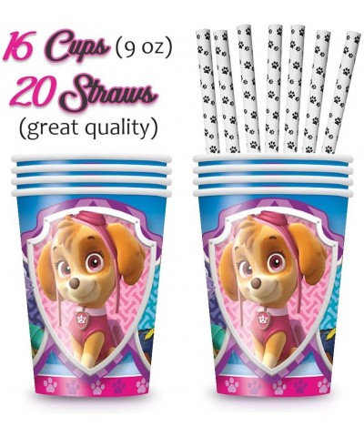 Paw Patrol Girls Party Supplies - Serves 16 - Plates (9")- Napkins- Cups- Paw Straws - Disposable Kids Birthday Dinnerware Bu...