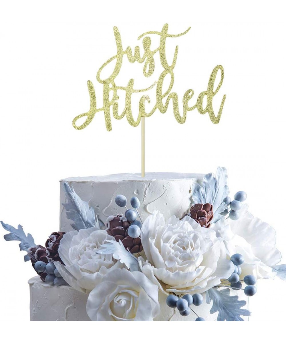 Guoguoxia Gold Glittery Just Hitched Cake Topper for Rustic Wedding to Traditional Wedding-Calligraphy Hitched Rustic Chic We...