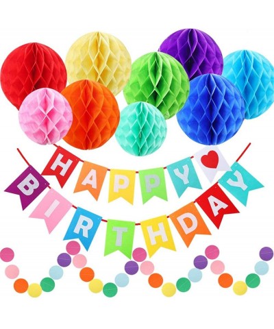 Happy Birthday Decorations- Happy Birthday Banner- Rainbow Birthday Party Decorations with Colorful Honeycomb Pom- Circle Dot...