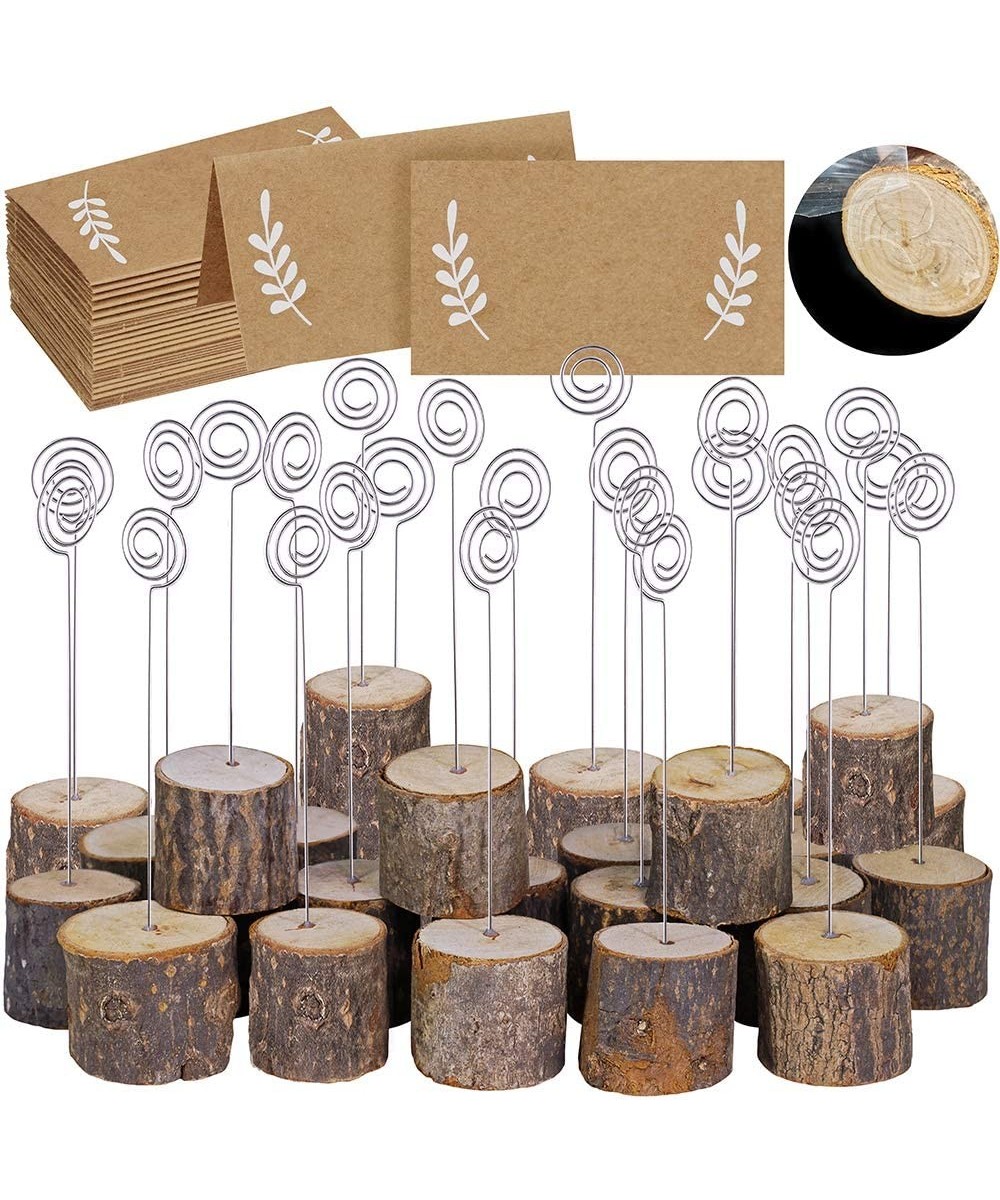 30 Pcs Rustic Wood Place Card Holders with Swirl Wire Wooden Bark Memo Holder Stand Card Photo Picture Note Clip Holders 5.8"...