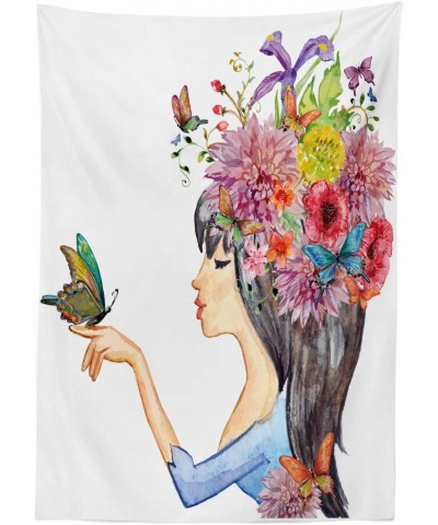 Floral Outdoor Tablecloth- Colorful Spring Flowers Leaves with a Long Haired Woman Butterfly Artwork Image- Decorative Washab...