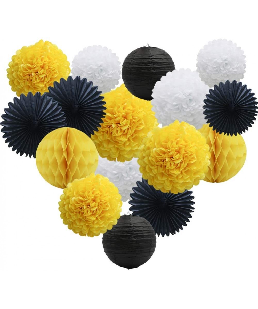 Yellow White Black Party Decorations 16pcs Paper Pom Poms Honeycomb Balls Lanterns Tissue Fans for Bee Day Party Batman Birth...