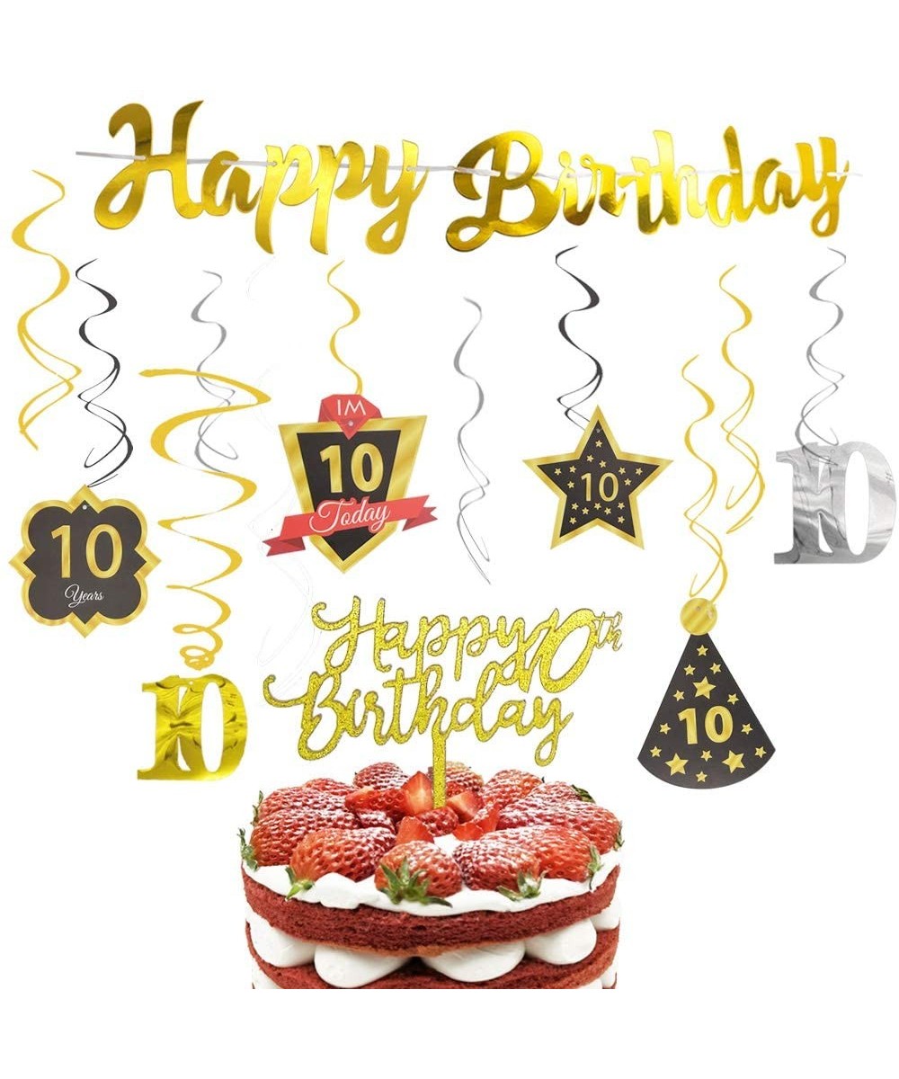 10th Birthday Decoration Banner Hanging Swirls With Happy 10th Birthday Cake Topper- Glittery Gold and Black Decorations Kit ...