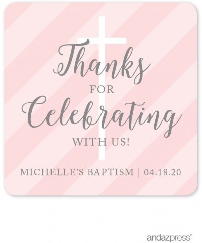 Blush Pink and Gray Baby Girl Baptism Collection- Personalized Square Label Stickers- Thank You for Celebrating with US- 40-P...