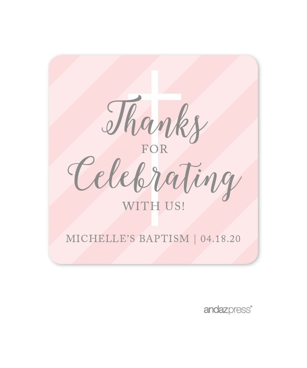 Blush Pink and Gray Baby Girl Baptism Collection- Personalized Square Label Stickers- Thank You for Celebrating with US- 40-P...