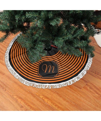 Christmas Tree Skirt 48 Inches- Monogram Black and Orange Striped Tassel Border Xmas Carpet Apron for Christmas Party Decorat...