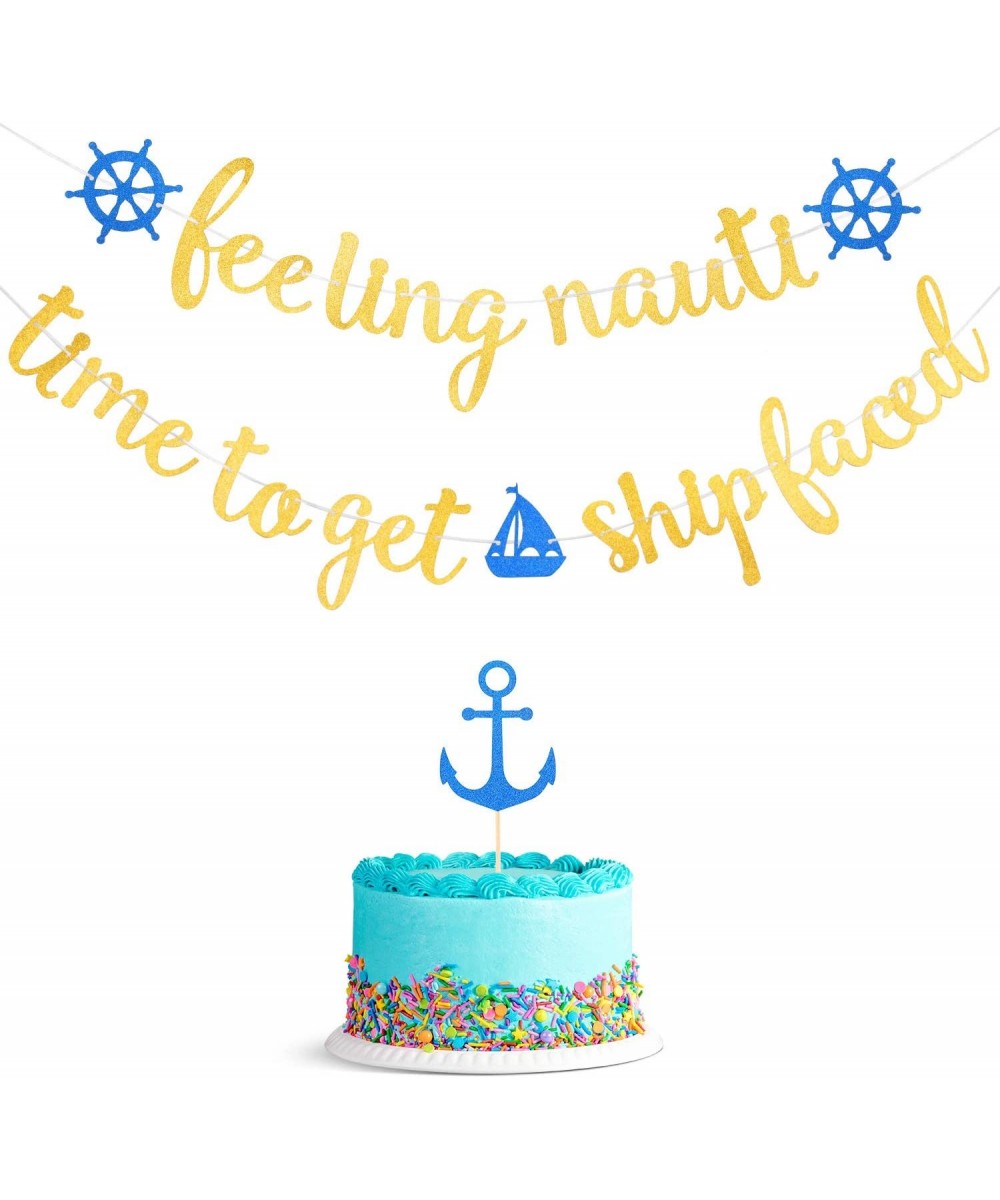 2 Pieces Ship Faced Banner Glitter Nautical Hanging Banner with Glitter Anchor Cake Topper for Nautical Sailor Theme Birthday...