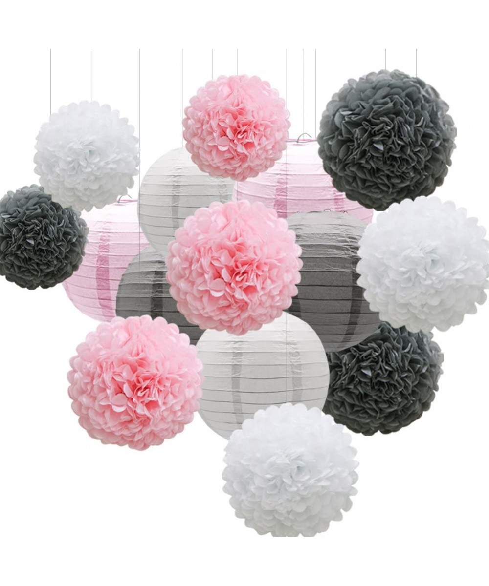 Hanging Party Decorations Set- 15pcs Pink Gray White Paper Flowers Pom Poms Balls and Paper Lanterns for Wedding Birthday Bri...