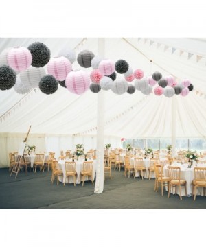 Hanging Party Decorations Set- 15pcs Pink Gray White Paper Flowers Pom Poms Balls and Paper Lanterns for Wedding Birthday Bri...