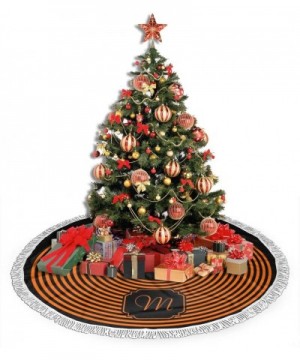Christmas Tree Skirt 48 Inches- Monogram Black and Orange Striped Tassel Border Xmas Carpet Apron for Christmas Party Decorat...
