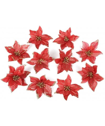 10 Pack Poinsettia Ornaments-Christmas Glitter Poinsettia Artificial Wedding Christmas Tree Ornaments for Holiday Wedding Par...