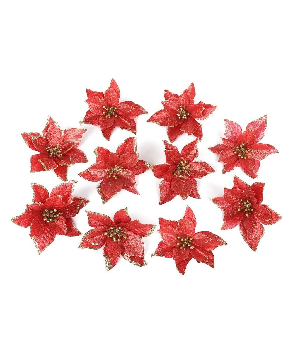 10 Pack Poinsettia Ornaments-Christmas Glitter Poinsettia Artificial Wedding Christmas Tree Ornaments for Holiday Wedding Par...