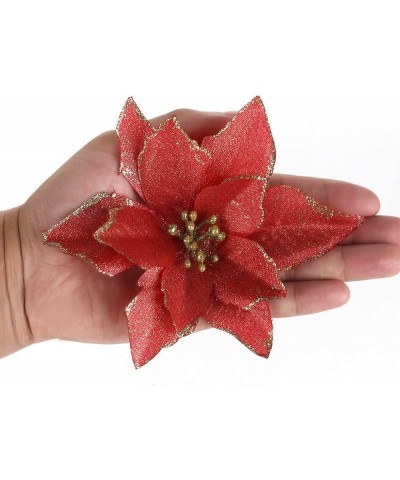 10 Pack Poinsettia Ornaments-Christmas Glitter Poinsettia Artificial Wedding Christmas Tree Ornaments for Holiday Wedding Par...