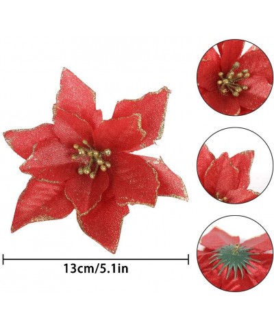 10 Pack Poinsettia Ornaments-Christmas Glitter Poinsettia Artificial Wedding Christmas Tree Ornaments for Holiday Wedding Par...