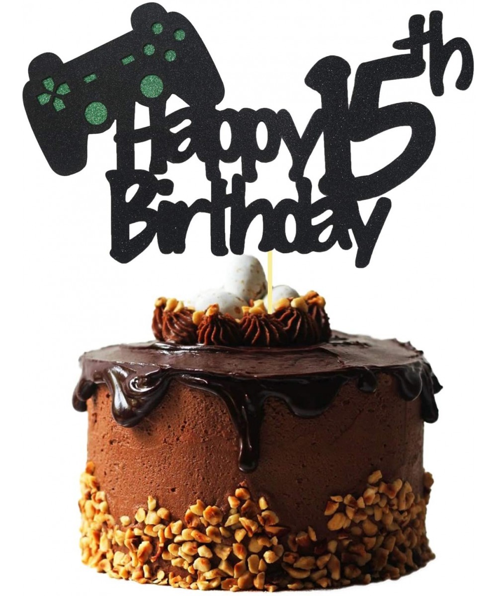 Video Game Cake Topper for 15 Year Old Gamer Birthday Decorations- Glittery Happy 15th Birthday Video Game Cake Topper for 15...
