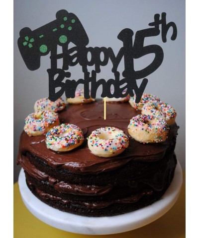 Video Game Cake Topper for 15 Year Old Gamer Birthday Decorations- Glittery Happy 15th Birthday Video Game Cake Topper for 15...