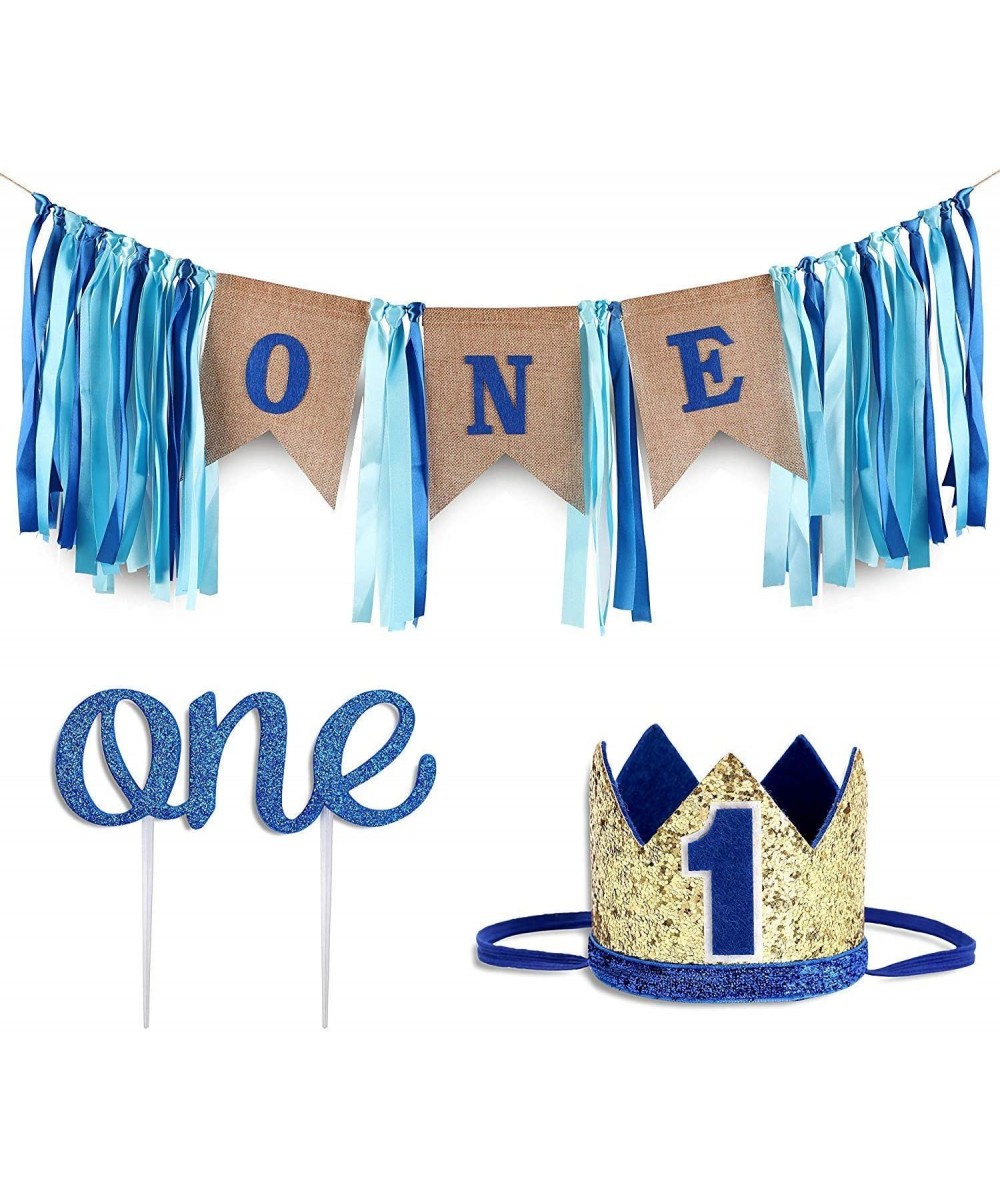 Baby 1st Birthday Boy Decorations WITH Crown - Baby Boy First Birthday Decorations High Chair Banner - Cake Smash Party Suppl...
