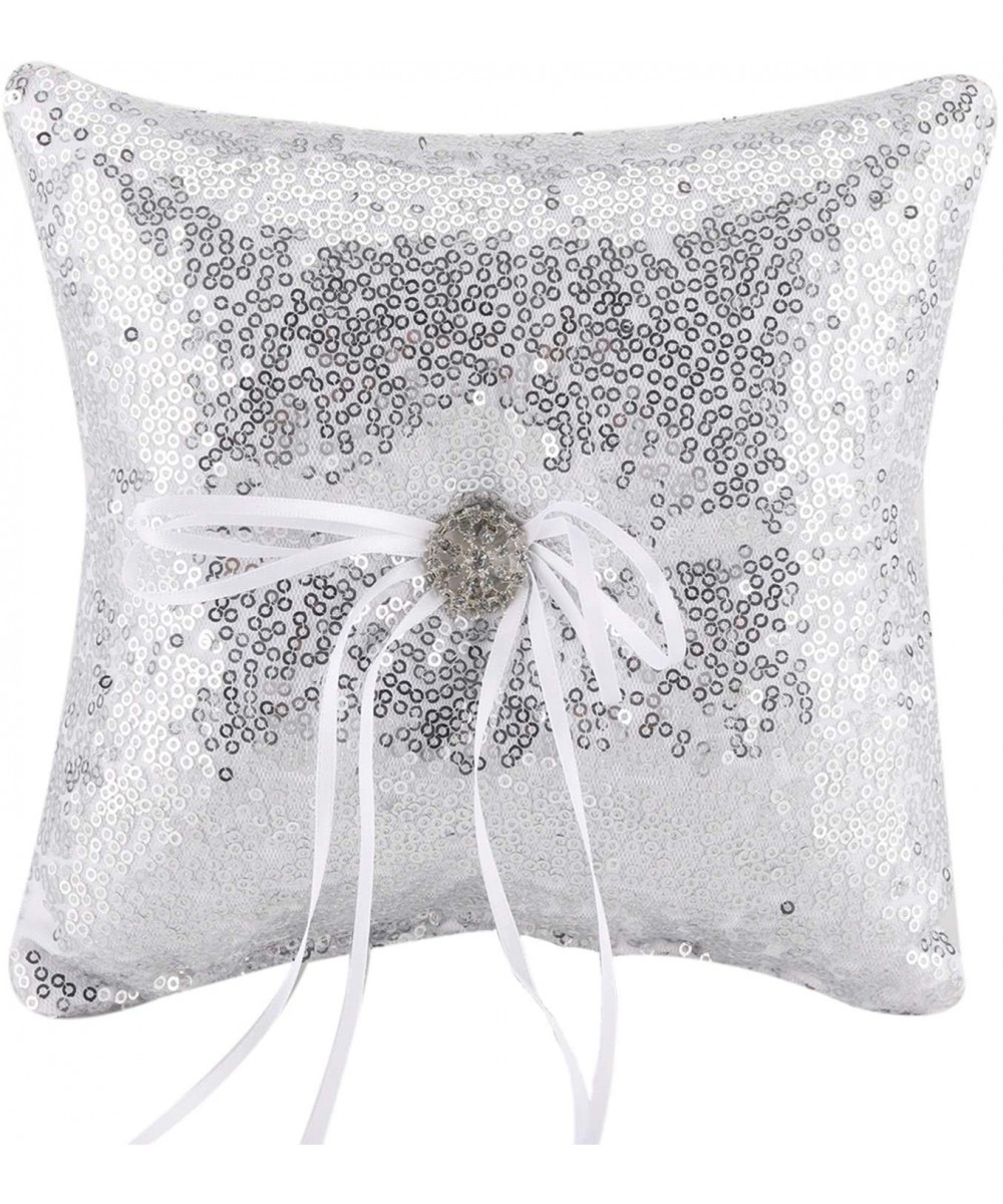 7.8" Sparkling Wedding Bridal Ring Sequins Bearer Pillow (Silver) - Silver - CV18XSOSY09 $6.29 Ceremony Supplies