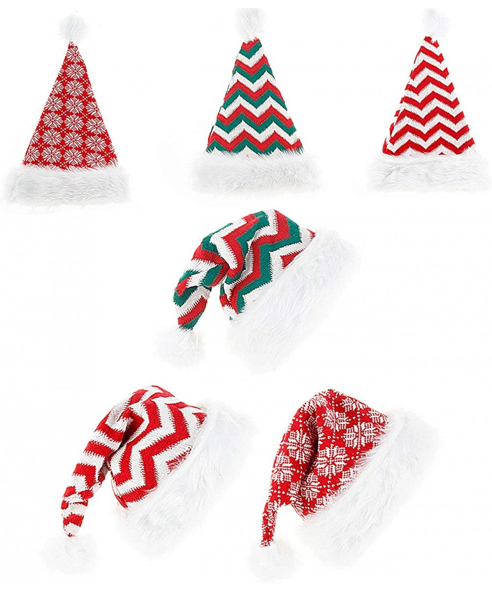 3 Pcs-Christmas Party Santa Claus Hat-Knitted Wool Triangle Dress Up-Red White Green Striped Snowflake Pompom-12.6×17.7 inch ...