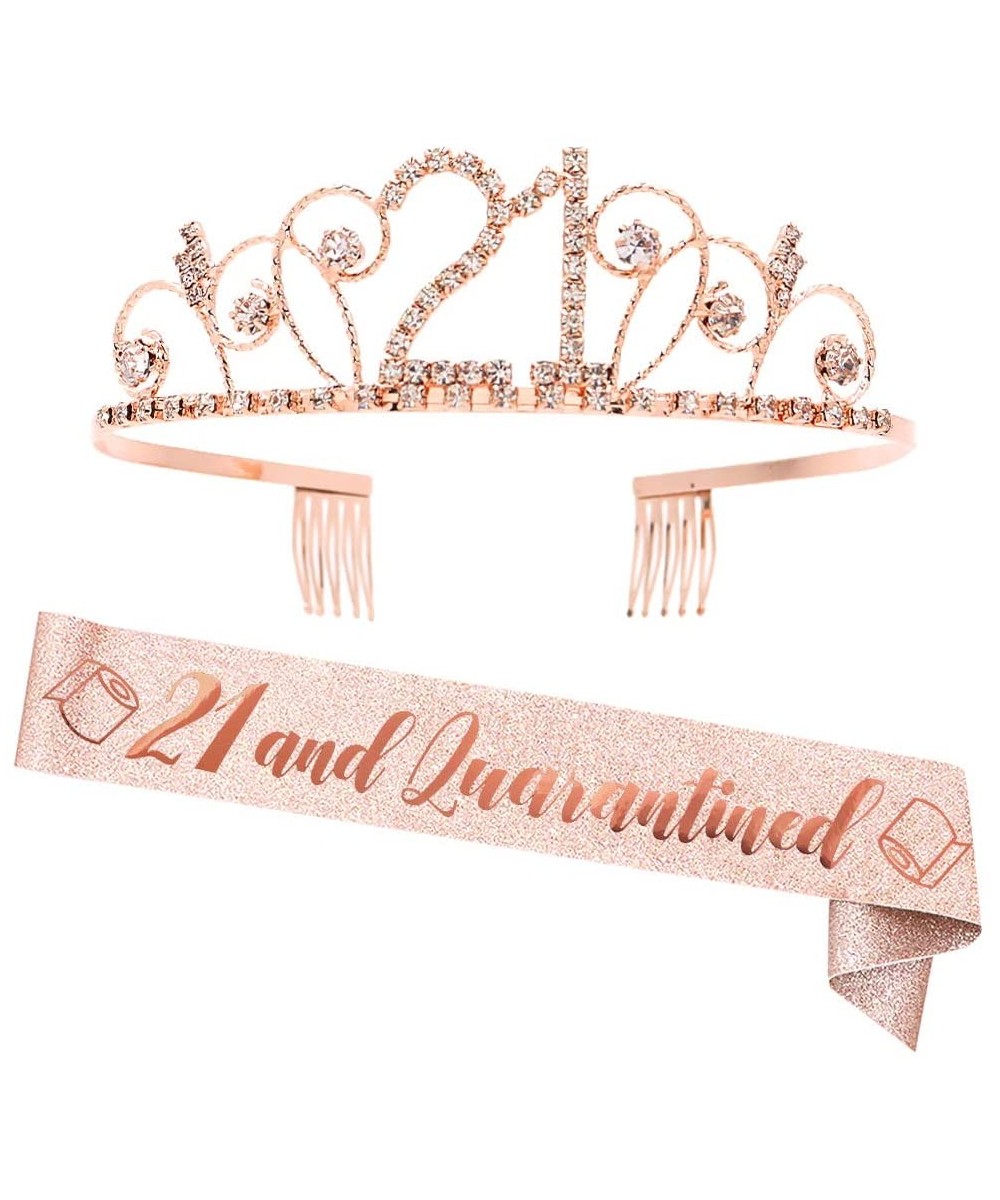 Quarantine Birthday Gifts - Rose Gold"21 & Quarantined" Sash + Rhinestone Crown Set - 21st Birthday Decorations- Gifts & Supp...