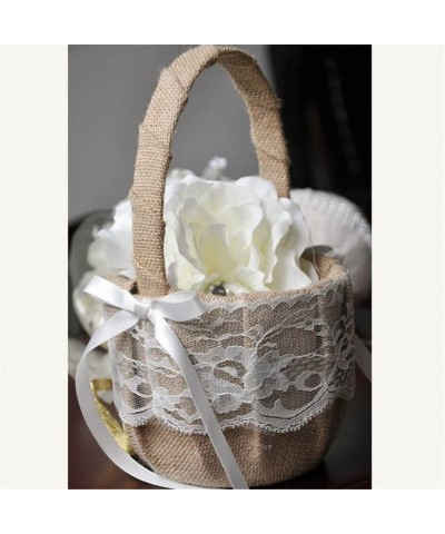 Vintage Rustic Wedding Ceremony Ribbon Bowknot Burlap Jute Lace Flower Girl Basket Khaki - CQ12IOF90RD $11.12 Ceremony Supplies