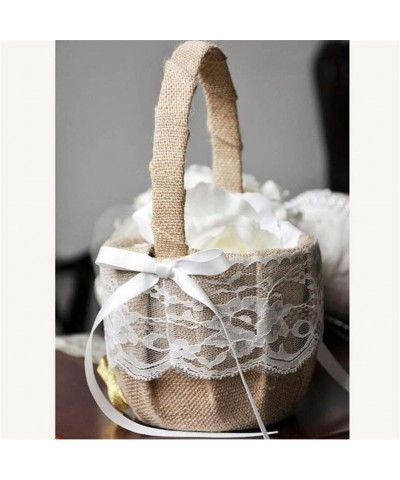 Vintage Rustic Wedding Ceremony Ribbon Bowknot Burlap Jute Lace Flower Girl Basket Khaki - CQ12IOF90RD $11.12 Ceremony Supplies
