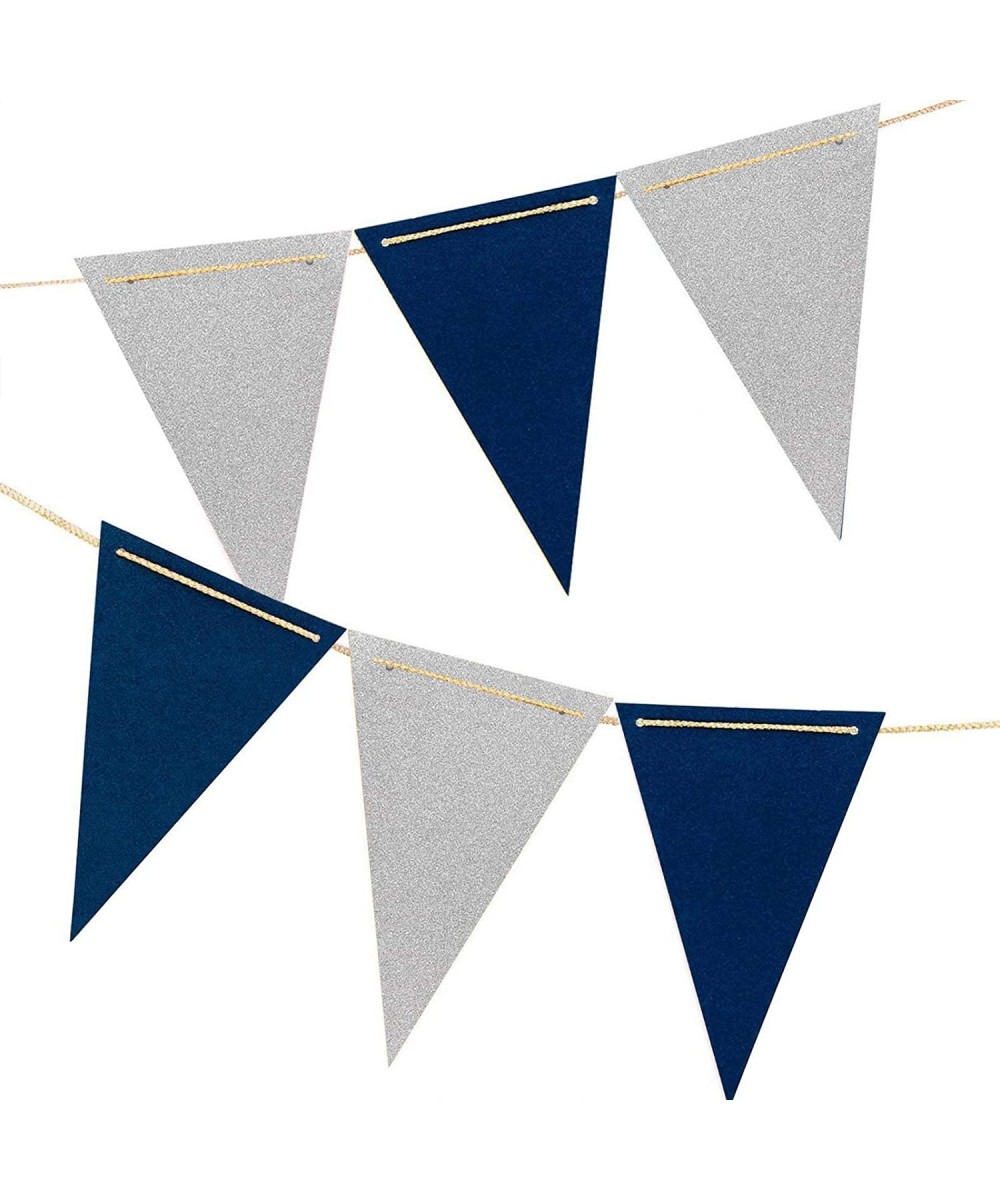 20 Feet Navy Blue and Silver Glitter Pennant Banner- Glitter Paper Triangle Flags Bunting for Birthday Party- Wedding Decor- ...
