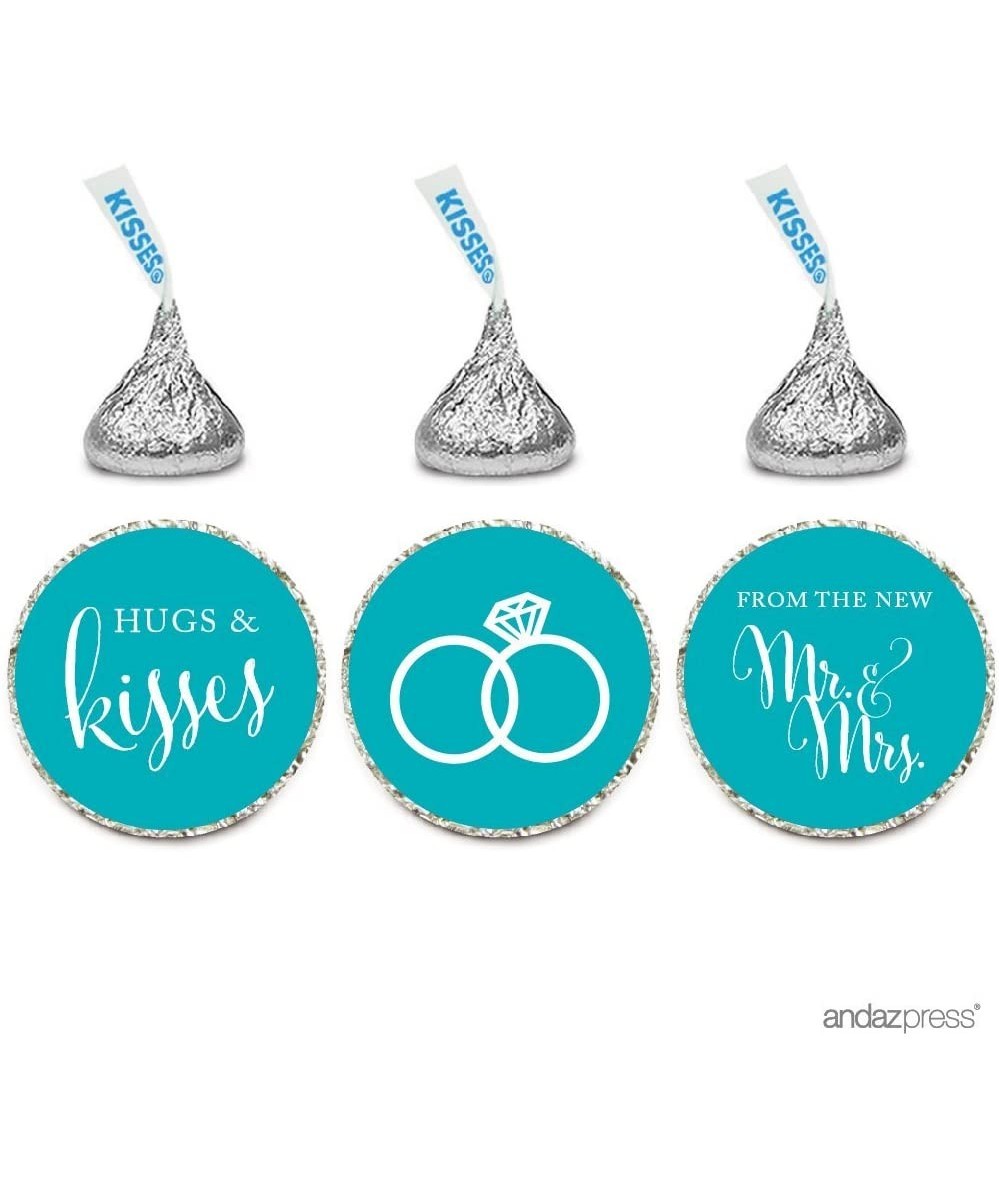 Chocolate Drop Labels Stickers- Wedding Hugs & Kisses from The New Mr. & Mrs- Aqua- 216-Pack- for Bridal Shower Engagement He...