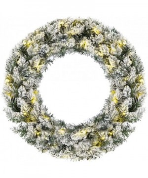 Pre-Lit Cordless Christmas Wreath- Artificial Snow Flocked Pine Wreath- Built-in 6-Hour Timer- with 50 Warm LED Lights and Si...