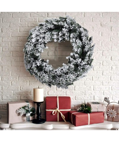 Pre-Lit Cordless Christmas Wreath- Artificial Snow Flocked Pine Wreath- Built-in 6-Hour Timer- with 50 Warm LED Lights and Si...