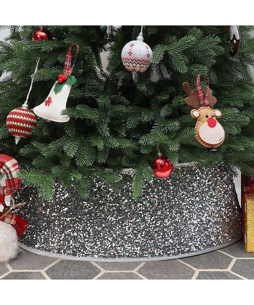 Christmas Tree Collar Shiny Grey Sequins- Xmas Tree Skirt Tree Ring with Gift Box Holiday Home Decoration - Grey - C319EK2S0O...
