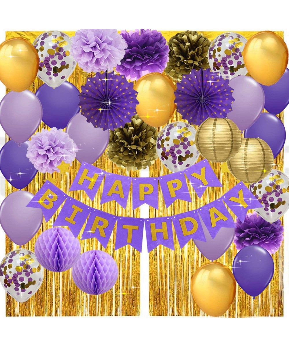 Purple Gold Birthday Decorations for Women Happy Birthday Banner Purple Gold Confetti Balloons Polka Dot Paper Fans Gold Foil...