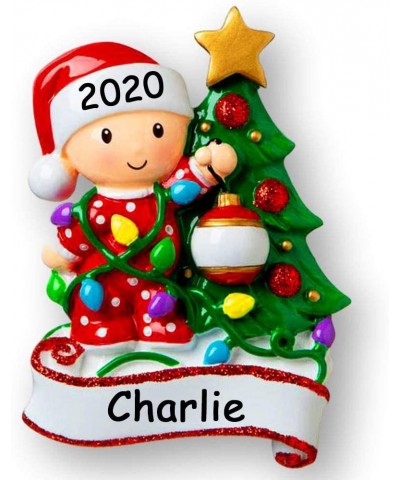Personalized Baby Christmas Ornament - Red Girl or Boy in Pajamas with Christmas Tree Holiday Decoration - Baby's First Keeps...