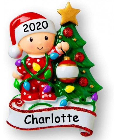 Personalized Baby Christmas Ornament - Red Girl or Boy in Pajamas with Christmas Tree Holiday Decoration - Baby's First Keeps...