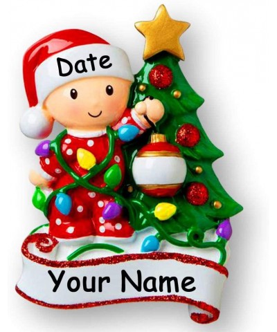 Personalized Baby Christmas Ornament - Red Girl or Boy in Pajamas with Christmas Tree Holiday Decoration - Baby's First Keeps...