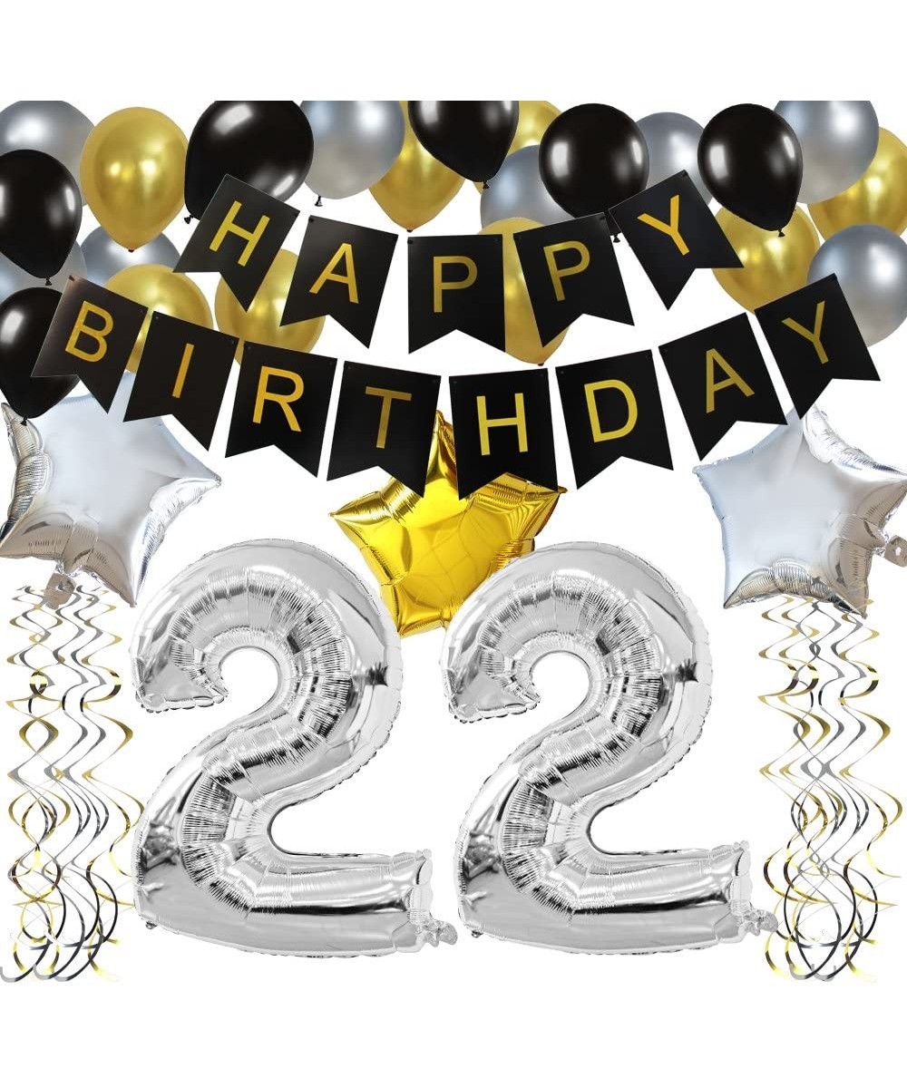 Classy 22ND Birthday Party Decorations Kit-Black Happy Brithday Banner-Silver 22 Mylar Foil Balloon- Star- Latex Balloon-Hang...