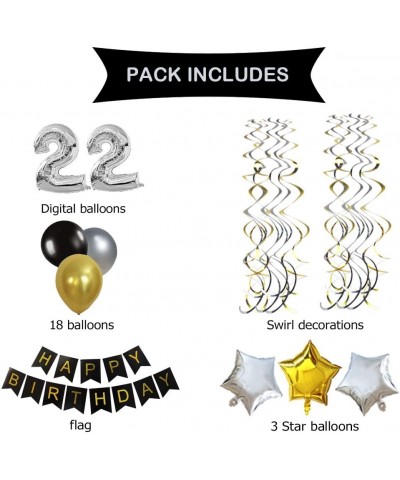 Classy 22ND Birthday Party Decorations Kit-Black Happy Brithday Banner-Silver 22 Mylar Foil Balloon- Star- Latex Balloon-Hang...