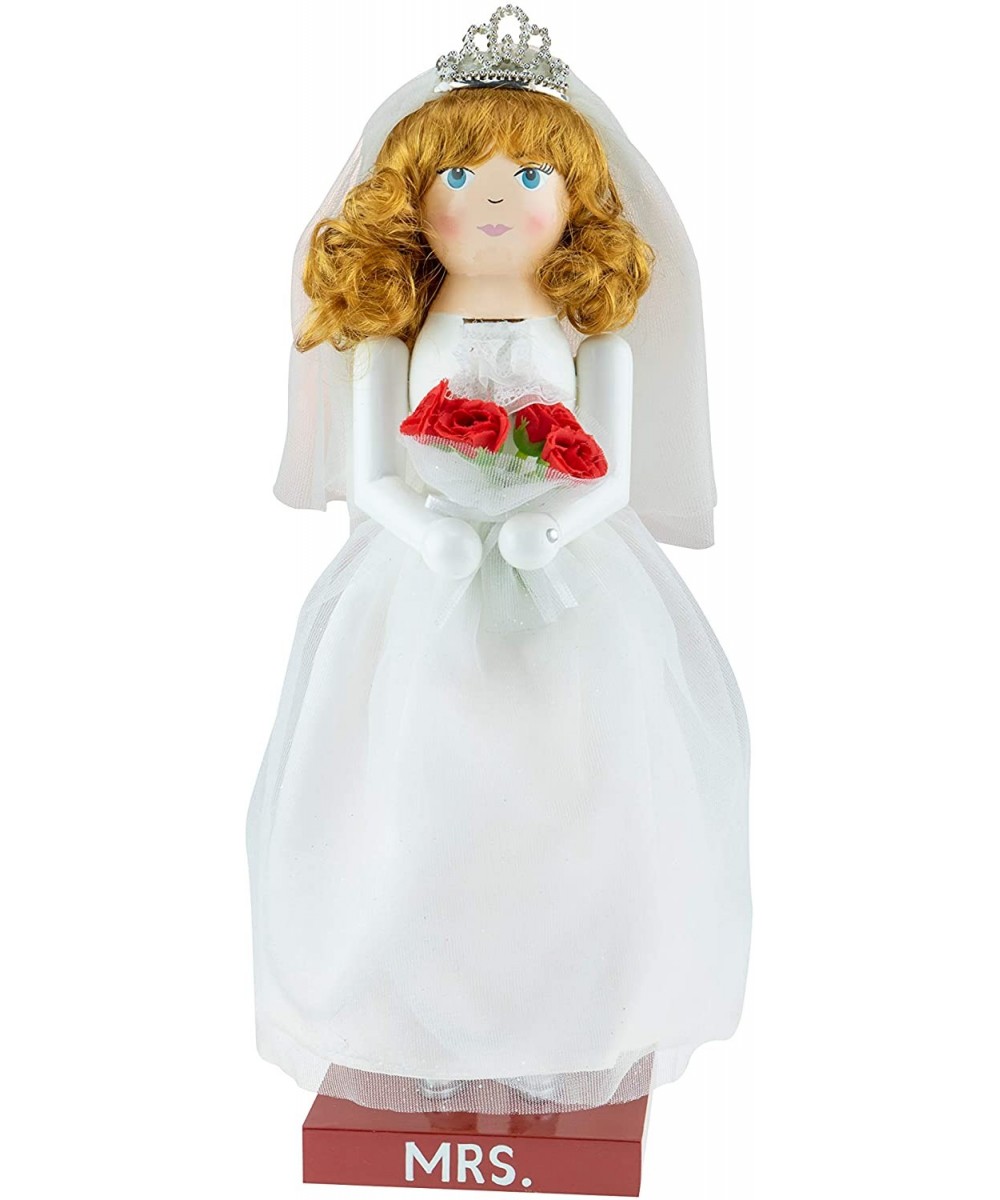 Newlywed Bride Christmas Nutcracker - Traditional Wooden Decorative Figure in a White Wedding Gown with a Bouquet of Red Rose...