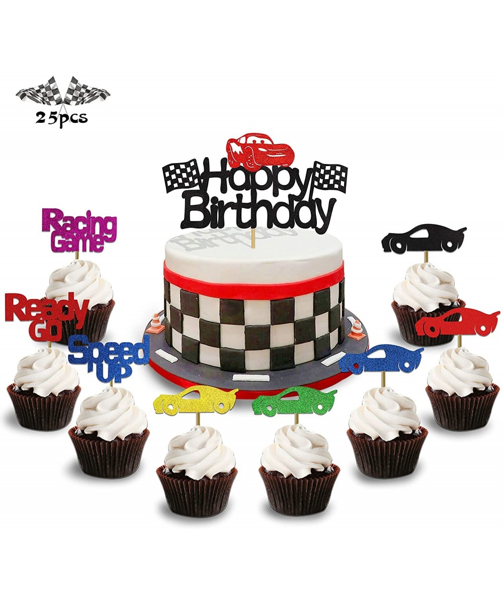 Set of 25 Racing Car Glitter Cake & Cupcake Topper for Birthday Cake Decoration Chequered Flag Race Car Themed Party Supplies...