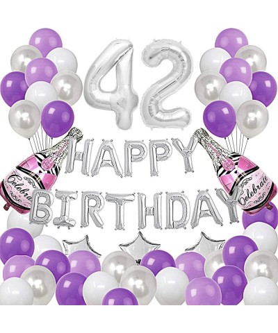 Silver Number 42 Foil Balloons Happy Birthday Banner with 47Pcs Latex and Foil Balloons for 42nd and 24th Birthday Party Deco...