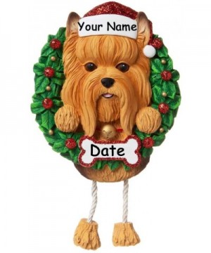 Personalized Yorkie Dog with Glitter Santa Hat and Christmas Holly Wreath Hanging Christmas Ornament with Custom Name and Dat...