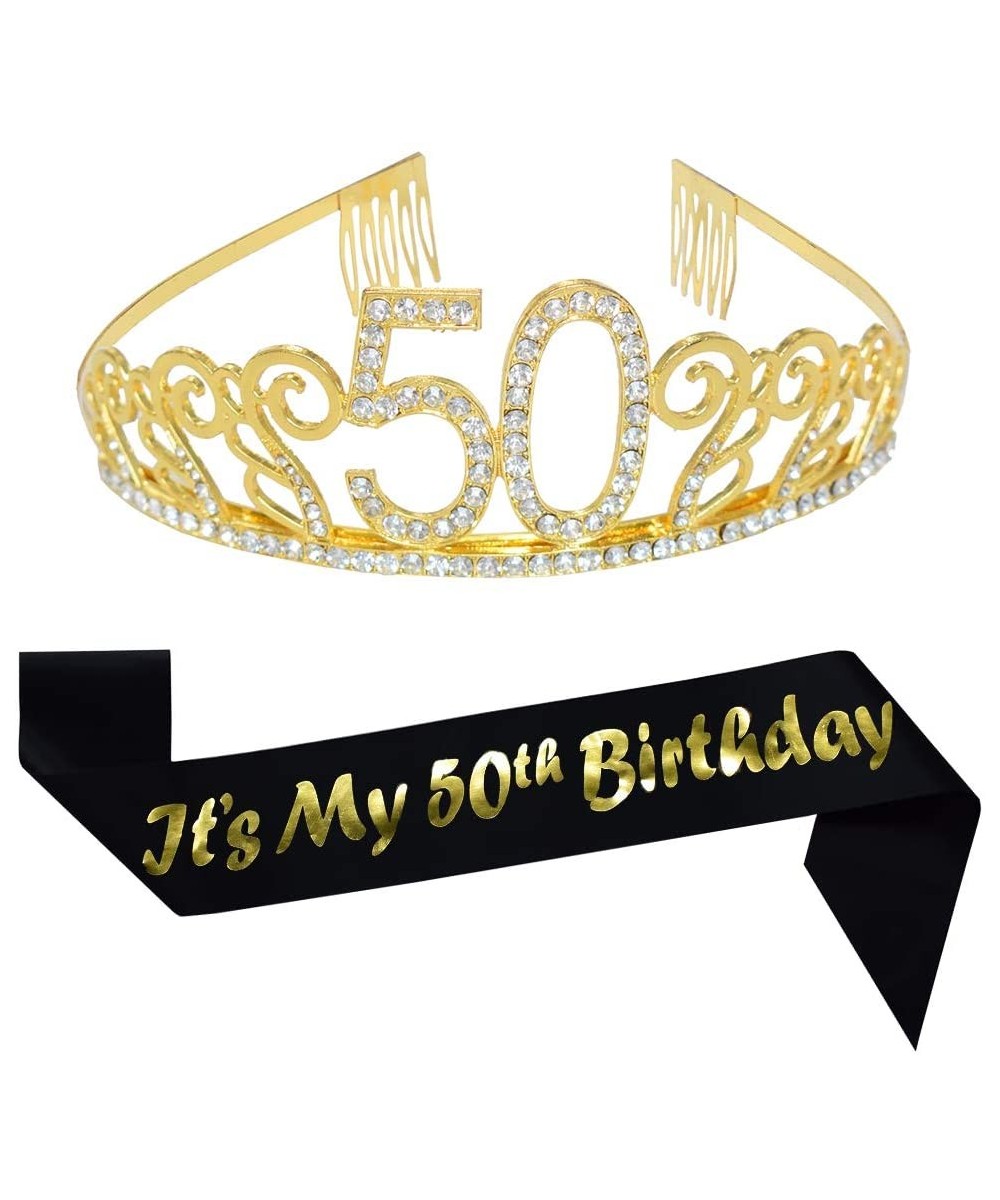50th Birthday Gold Tiara and Sash Glitter Satin Sash and Crystal Rhinestone Tiara Crown for Happy 50th Birthday Party Supplie...