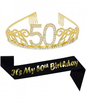 50th Birthday Gold Tiara and Sash Glitter Satin Sash and Crystal Rhinestone Tiara Crown for Happy 50th Birthday Party Supplie...