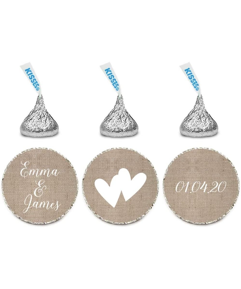 Personalized Wedding Chocolate Drop Label Stickers- Interlocking Double Hearts- Burlap Print- 216-Pack- for Engagement Bridal...