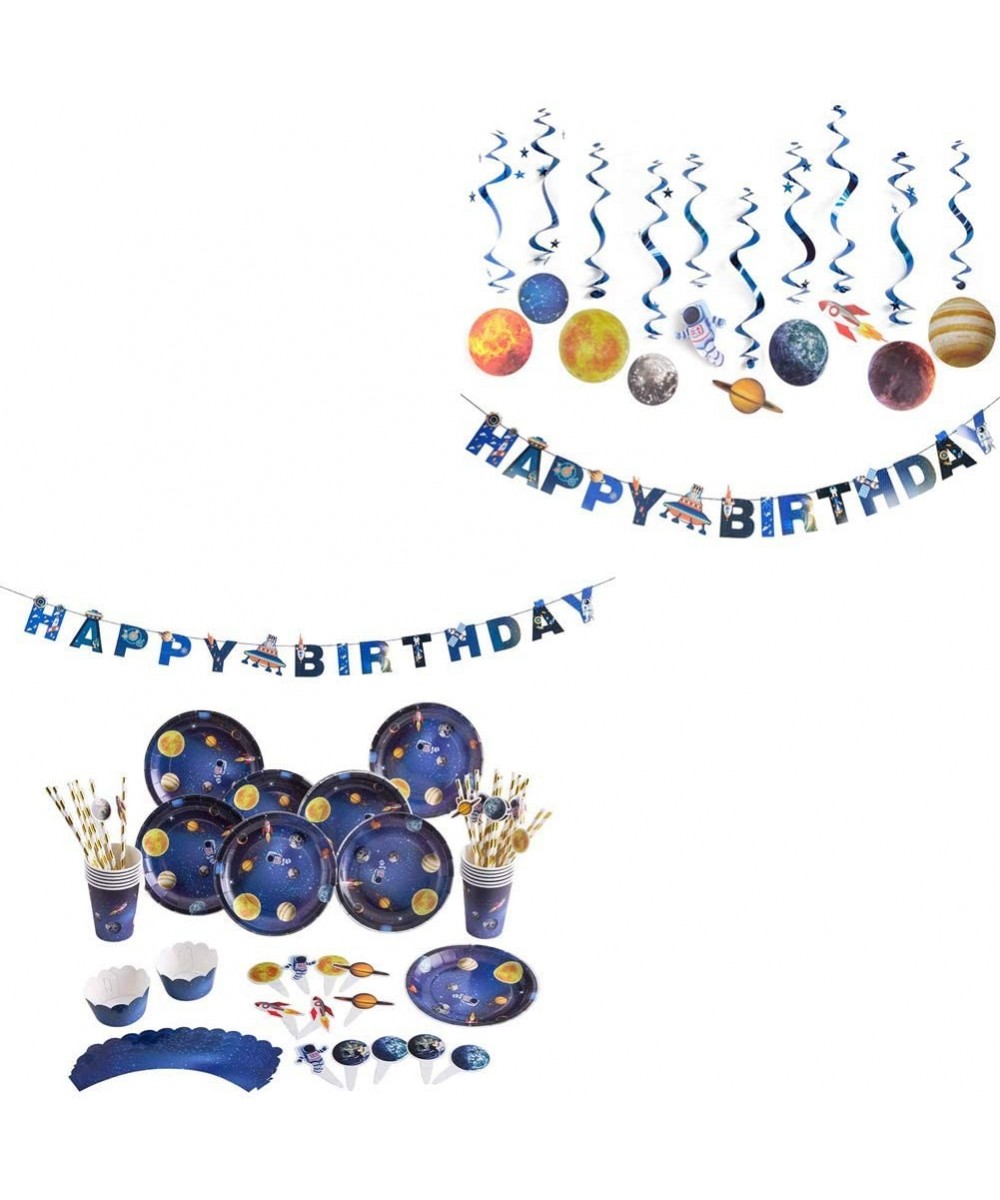 Outer Space Party Supplies Paper Plates Straws Cups Happy Birthday Banner Cake Toppers with Hanging Swirls Decoration - CY19K...