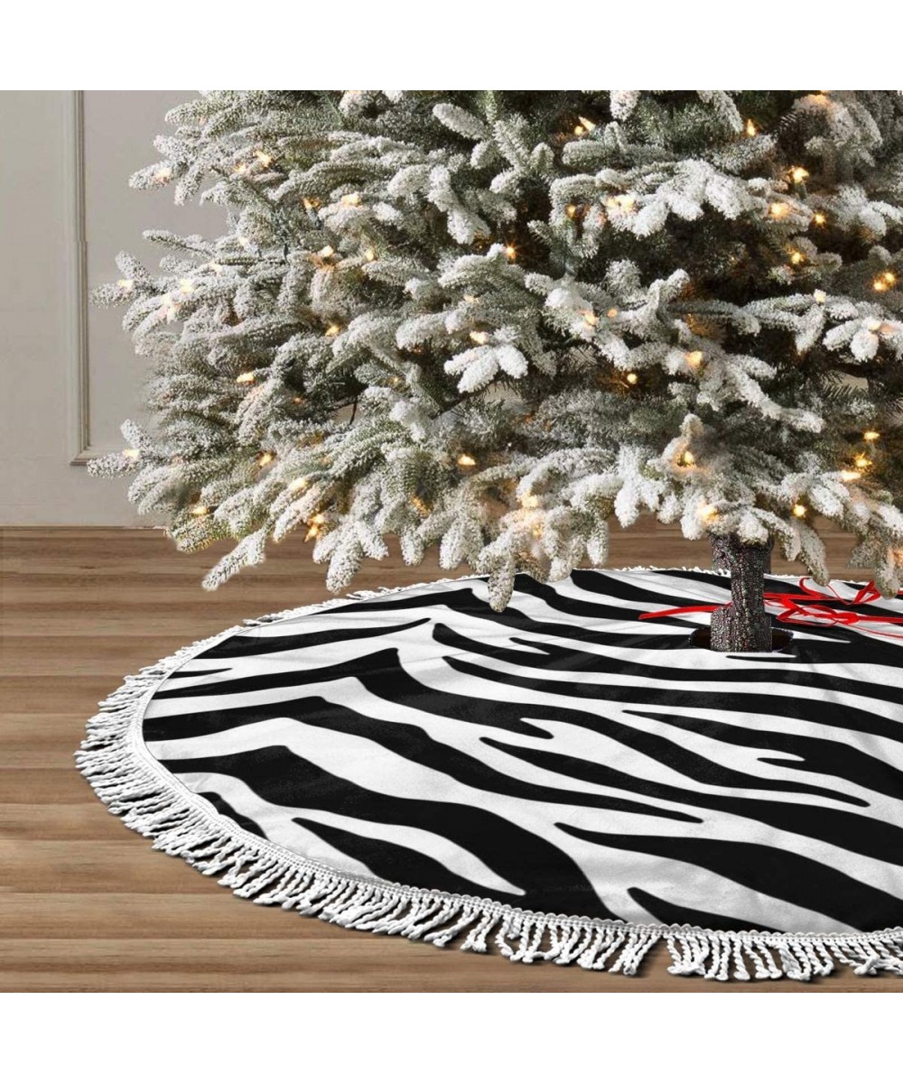 Christmas Tree Skirt 48" Inch Black and White Zebra Print Xmas Tree Skirt Mat with White Tassel for Party Holiday- Tree Skirt...